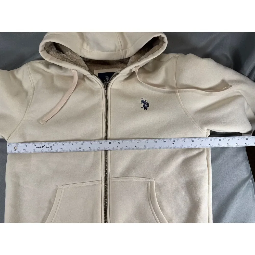 US Polo Assn Sz Medium Oatmeal Colored Sherpa‎ Fur Fleece Hoodie Jacket Pockets